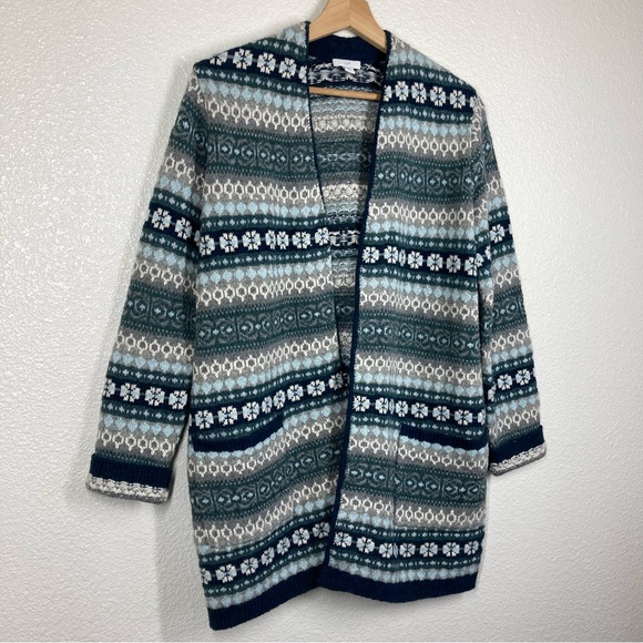 J. Jill Long Cardigan Fair Isle Patch Pocket Open Front Duster Small Petite Blue - Picture 5 of 16